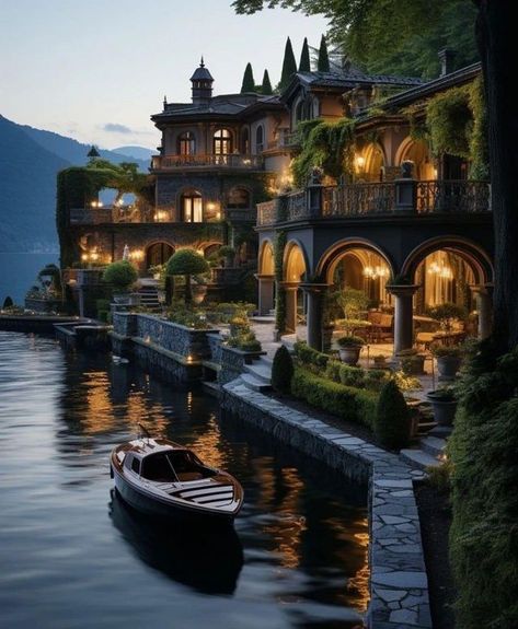 AMAZING MANSIONS | Relaxing 🖤 | Facebook Switzerland Mansion, Goth House Aesthetic, Cliffside House, Dream House Layout, Tuscan Architecture, Waterfront House, Goth Houses, Barn House Design, Fantasy Rooms