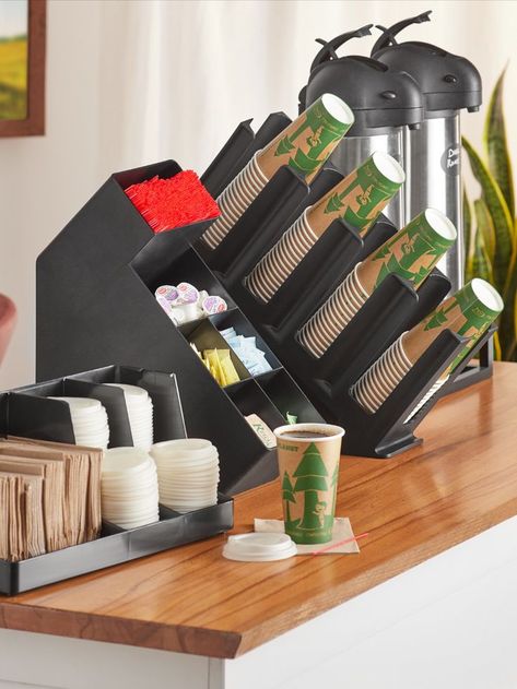 A coffee bar is perfect for a wedding, breakroom, or home coffee station, and this coffee station organizer set creates the perfect setup. It creates the perfect kitchen organization or a great to-go station at your business! #coffeestationideas Coffee Bar Essentials Storage, Counter Coffee Mug Display, Coffee Mug Display Tower, Coffee Mug Holder With Tray, To Go Coffee Cup Holders, Ikea Bar Cart Snack, Cup Table Stand, Decantoe Countertop Bar Display, Home Coffee Stations Coffee & Tea Cups