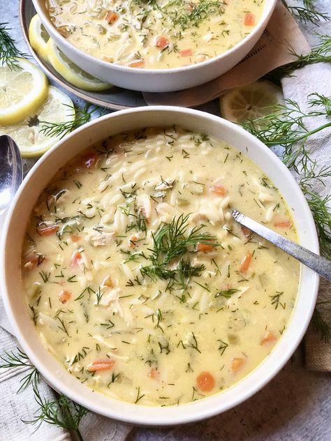 Also known as Avgolemono, this Greek Lemon Chicken Soup is the perfect weeknight meal. Ready in under an hour - yummy comfort in a bowl. Need to make it gluten-free? Swap out the orzo with a gluten-free version or use white rice. 🌿 A Hint of Rosemary #ahintofrosemary #soups #chickensoup #quickandeasy #onepotmeal Rotisserie Chicken Uses, Mediterranean Sauce, Greek Lemon Chicken Soup, Lemon Chicken Soup, Olive Oil Butter, Greek Lemon Chicken, Creamy Soup, Boneless Chicken Breast, Hearty Soups