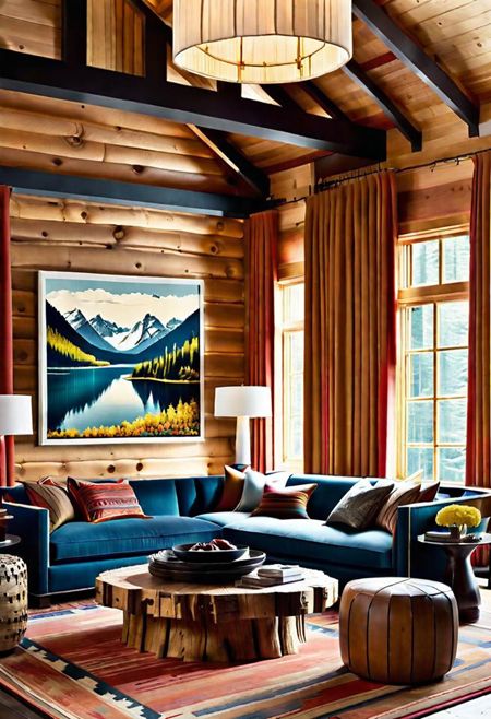 How to Decorate a Log Cabin Home Without Wood Overload Log Cabin Homes Interior Modern, Living Room Black Ceiling, Black Ceiling Beams, Log Cabin Decorating Ideas, Interior Log Cabin, Cabin Living Room Ideas, Log Cabin Living Room Ideas, Hygge Cabin, Log Cabin Makeover