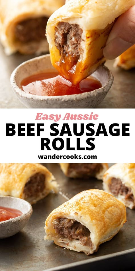 Crispy, flaky pastry wrapped around a soft, savoury meat filling is always a recipe for success. Our Aussie Beef Sausage Rolls are super quick and easy to prepare, and are freezer friendly, so you can make them ahead. Sausage Rolls Recipe Australian, Beef Sausage Rolls Puff Pastry, Australian Sausage Rolls Recipes, Sausage Roll Filling Recipe, Beef Sausage Rolls Recipe, Aussie Sausage Rolls, Beef Rolls Recipe, Easy Sausage Rolls Recipe, Sausage Rolls Recipe Easy