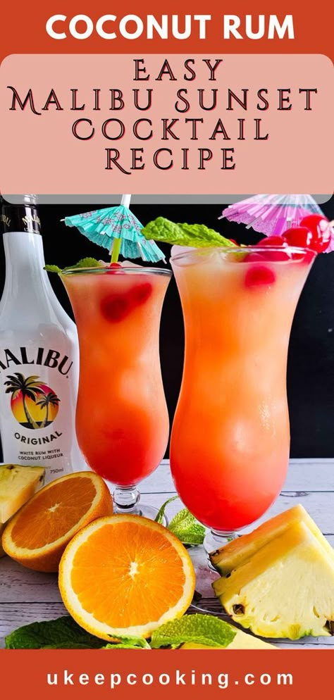 Enjoy a taste of the tropics with the Easy Malibu Sunset Cocktail Recipe! This simple how-to recipe combines Malibu Coconut Rum with pineapple orange juice and ice, creating a stunning, sunset-colored drink that’s as refreshing as it is beautiful. Perfect for any summer gathering or a relaxing evening at home, this cocktail is an easy way to add a touch of paradise to your day! Malibu Sunset Cocktail Recipe, Malibu Sunset Cocktail, Sunset Cocktail Recipe, Rum Drinks Easy, Malibu Rum Drinks, Malibu Cocktails, Coconut Rum Drinks, Non Alcoholic Sangria, Rum Drinks Recipes