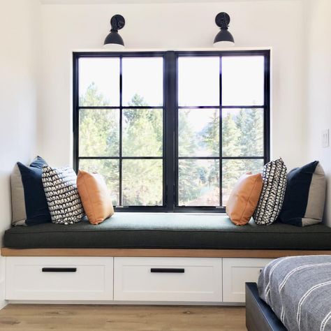 Perfect Sunday to sit and read a book on this window seat. #windowseat #modernfarmhouse #morepillows #sa_cairn #surroundarchitecture Bedroom Window Seat, Window Bench Seat, Window Seat Design, Window Benches, Read A Book, Bedroom Windows, Living Room Cabinets, Window Seat, Front Room