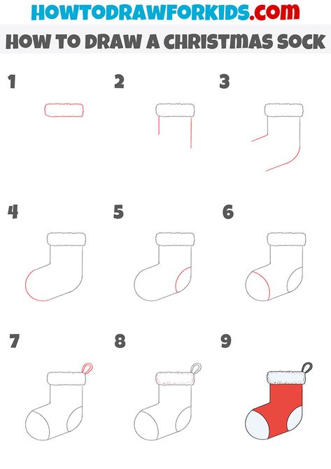 how to draw a christmas sock step by step1 How To Draw A Christmas Stocking, How To Draw A Mistletoe, How To Draw Holiday Stuff, How To Draw A Stocking, Thanksgiving Doodles Easy Step By Step, Christmas Sock Drawing, How To Draw Socks, Merry Christmas Artwork, Christmas Drawings Easy Step By Step