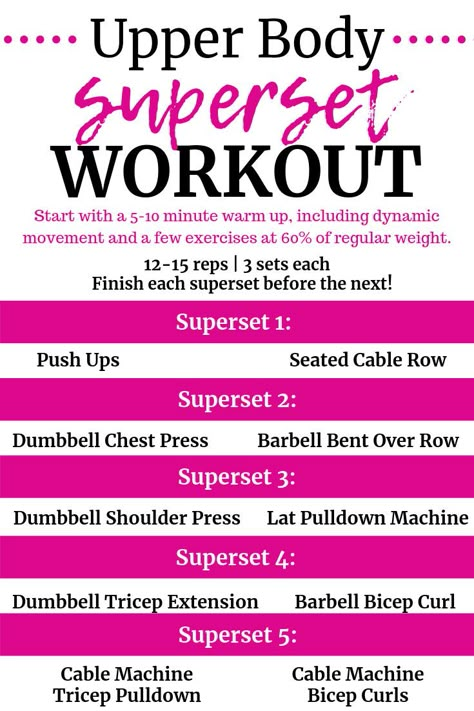 Upper Body Workout Supersets, Superset Upper Body Workout, Female Upper Body Workout Gym, Upper Body Supersets, Upper Body Emom, Upper Body Superset Workout, Upper Body Gym Workout, Upper Body Superset, Fit Grandma