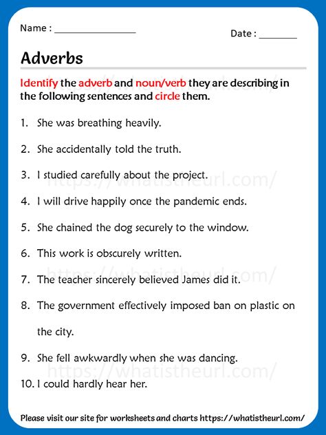 This adverbs worksheets contain 10 questions with key. The students need to find the adverb and noun/verb and circle them,Please download the PDF Adverbs Worksheet with Key Verbs And Adverbs Worksheet, Verb And Adverb Worksheet, Adverb Activities 4th Grade, Adverbs Worksheet 4th Grade, Adult Worksheets, Adverbs Sentences, Math Mental, Adverb Activities, Adverbs Worksheet