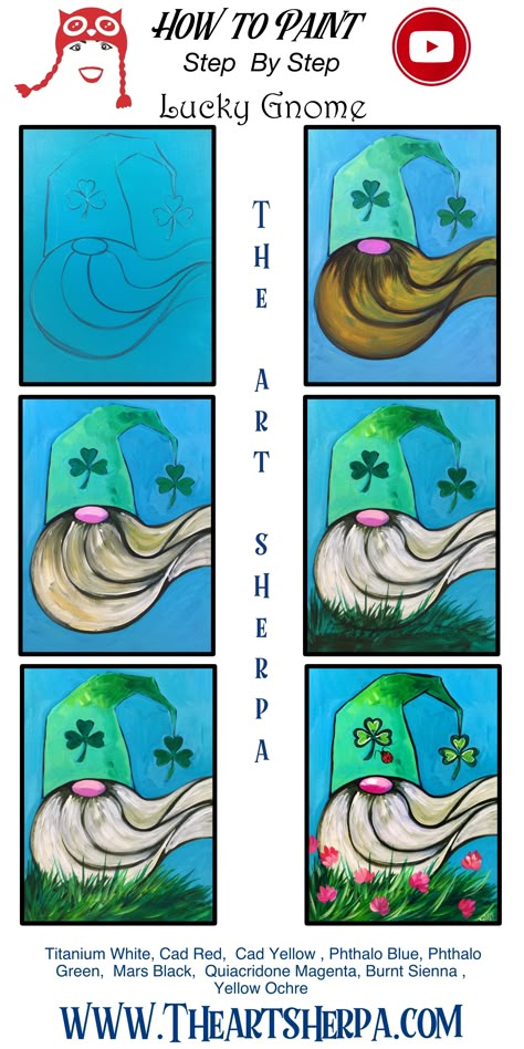 How to paint a Cute Gnome St Patricks Day full Acrylic on Canvas step by step, free video lesson and traceable. This is perfect for your home painting party. Are YOU ready to Enjoy this Beginners step by step how to paint in this full acrylic art lesson! Image is property of The Art Sherpa and intended for the Students Personal education and Enjoyment. For questions regarding using any Art Sherpa painting in a commercial setting labs@theartsherpa.com Step By Step Gnome Painting, St Patricks Day Painting Ideas On Canvas, Sip And Paint Ideas For Beginners Step By Step, Beginner Painting Ideas Easy Simple Step By Step, How To Paint Step By Step, Paint And Sip Ideas Step By Step, Gnome Acrylic Painting, Step By Step Painting For Beginners, Painting For Beginners Videos