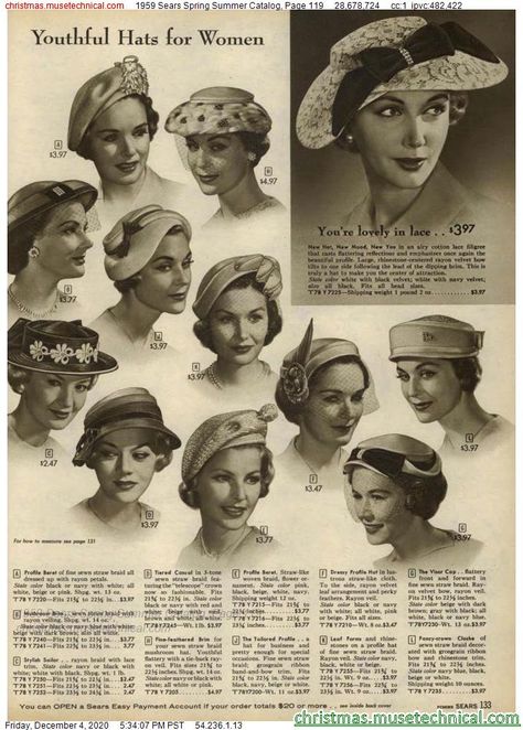 1950s Summer, 1950s Hats, 1960s Hats, Barbie Hat, Sears Catalog, 1950 Fashion, Women Hats Fashion, The Time Machine, Christmas Catalogs