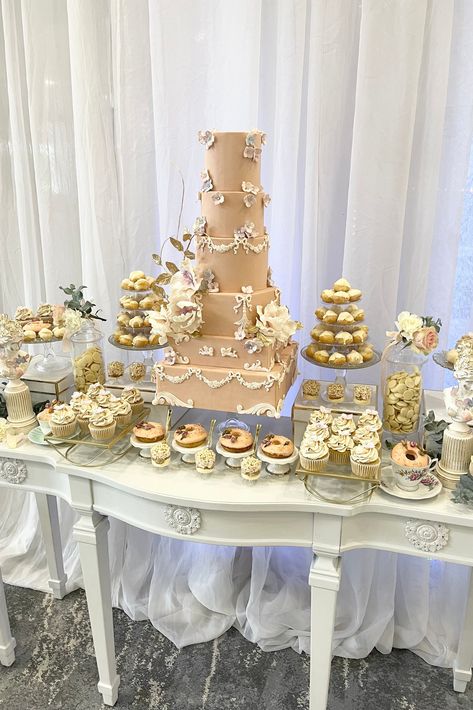 vintage wedding, edwardian style, pastel wedding cake and desserts table prepared by Sweet Avenue Cakery, decorated donuts, wedding desserts, elegant bespoke sweets table Vintage Wedding Dessert Table, Wedding Cake Baroque, Wedding Desserts Table, Vintage Cake Table, Baroque Wedding Cake, Victorian Birthday, Vintage Victorian Wedding, Bridgerton Theme, Quince Planning