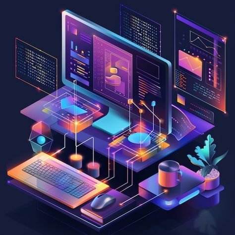 Photo a colorful computer screen with a ... | Premium Photo #Freepik #photo Computer Illustration Design, 3d Isometric, A Keyboard, Isometric Illustration, Business Card Maker, Flyer Maker, Poster Maker, Card Banner, Poster Invitation