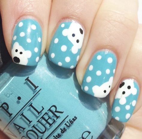 Winter Polar Bear Nails, Blue Snow Nails, Black Bear Nails Designs, Polar Bear Nails, Winter Bear Nails, Winter Nails Polar Bear, Winter Animal Nail Art, Snow Nails, Korean Nail Art