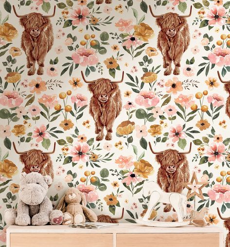 Cows And Flowers Nursery, Cow Wallpaper Bedroom, Western Floral Nursery, Highlander Cow Wallpaper, Pink Highland Cow Nursery, Southwestern Nursery Girl, Fluffy Cow Nursery, Highland Cow Nursery Ideas, Highland Cow Themed Room