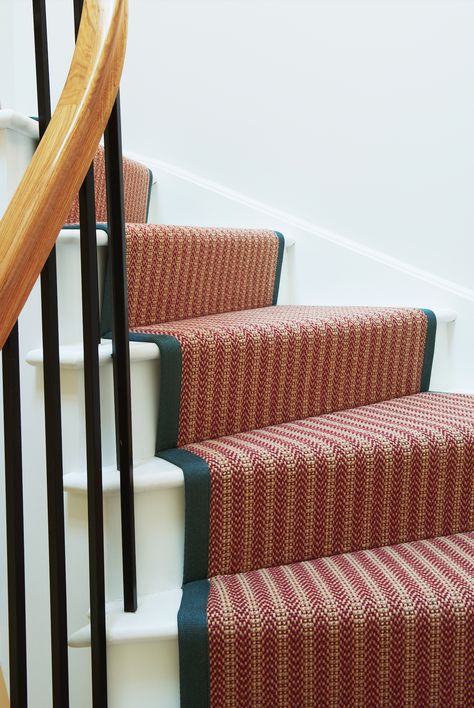 Colourful stair runner with red and neutral detailing and a dark blue border Family Home Interior Design, Family Home Interior, Staircase Carpet Runner, Circular Stairs, Architecture London, Staircase Runner, Beautiful Stairs, London Family, Interior Design London