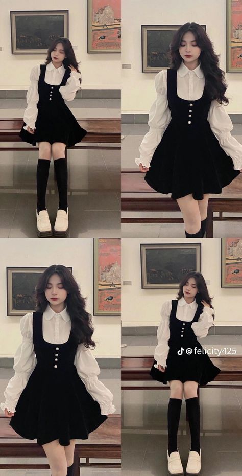 Black And White Aesthetic Dress, First Date Fashion, Korean Outfits Skirts Long, Black And White Dresses Classy, Aesthetic Korean Outfits Dress, Indian One Piece Dress, Outfit For Family Dinner, Black And White Outfits Classy, Black And White Formal Outfit