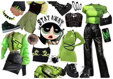 Buttercup Inspired Outfit, Buttercup Outfit Ideas, Green Punk Outfits, Buttercup Fashion, Buttercup Powerpuff Costumes, Buttercup Outfit, Cartoon Trios, Powerpuff Girls Outfit, Buttercup Costume