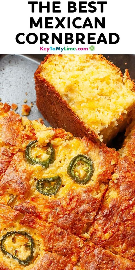 An image of Mexican cornbread slices in a baking dish with title text at the top. Jiffy Mexican Cornbread Recipes, Mexican Cornbread Jiffy Easy, Stuffed Mexican Cornbread Jiffy, Easy Mexican Cornbread With Jiffy, Jalepeno Cornbread Jiffy, Jalepeno Cornbread Jiffy Corn, Jiffy Corn Bread Mexican Bake, Mexican Cornbread Jiffy, Easy Mexican Cornbread