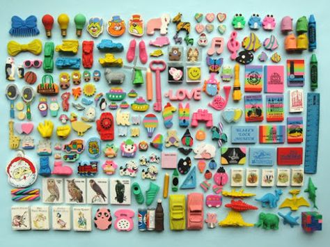 Bugs and Fishes by Lupin: 80s Child: My Eraser Collection! Eraser Collection, Cool Erasers, Mollie Makes, School Supplies List, Thrift Shop, Erasers, 그림 그리기, Pencil Case, Childhood Memories