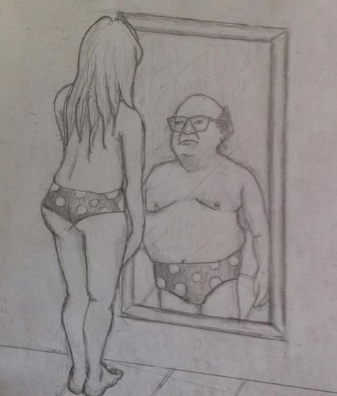 My inner self appears to be Danny Devito Mirror Drawings, Image Positive, Body Image Art, Body Image Issue, Trippy Painting, Danny Devito, Easy Drawings Sketches, Woman Drawing, Book Art Drawings