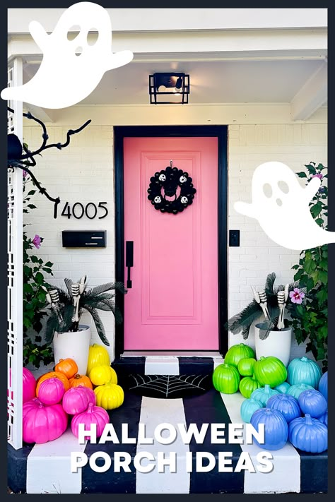 Bright Color Halloween Decor, Pink Halloween Porch, Pink Halloween Door Decor, Halloween Home Decor Outdoor, Colorful Halloween, Colorful Halloween Decor, Front Porch Halloween Ideas, Rainbow Halloween, Halloween Yard Signs