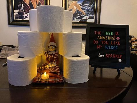 Elfing Around - Elf Ideas 2023 | Tonight’s antics involve a warm and cozy igloo and a tasty marshmallow roasted on a “fire” | Facebook Elf Igloo, Elf Ideas Easy, Elf Games, Elf Pets, Elf Magic, Awesome Elf On The Shelf Ideas, Elf Props, Elf Activities, Xmas Elf