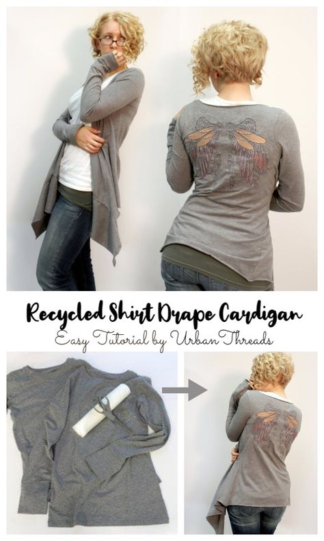 Diy Cardigan From Shirt, Jean Refashion, Fabric Art Diy, Diy Cardigan, Recycled Shirts, Diy Kimono, Fabric Sewing Patterns, Tshirt Refashion, Free Sewing Pattern