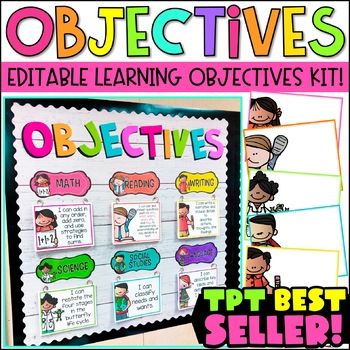 Use this kit to create a beautiful and low maintenance objectives bulletin board! I created this bulletin board because I was TIRED of handwriting all my objectives on my board every single day! This resource saves so much time throughout the year! What's Included?Ready to Print Headers: Pre-made fo... Objectives Board Elementary, Preschool Objectives, Objectives Bulletin Board, Learning Objectives Display, Objective Bulletin Board, Objectives Display, Objectives Board, Classroom Organization Elementary, Board Classroom