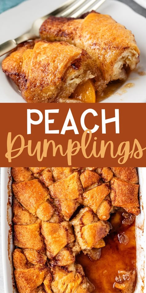 Try our Peach Dumplings recipe! Made with canned peaches, crescent roll dough, and a hint of lemon-lime soda, it's the perfect easy dessert to satisfy your summer cravings. Grandbaby Cakes Peach Dumplings, Peaches Crescent Rolls, Crescent Roll Peach Dumplings, Peach Roll Ups, Crescent Roll Peach Cobbler, Peach Dumplings With Crescent Rolls Easy, Recipe With Crescent Roll Dough, Peach Cobbler Crescent Rolls, Dessert Recipes With Crescent Rolls