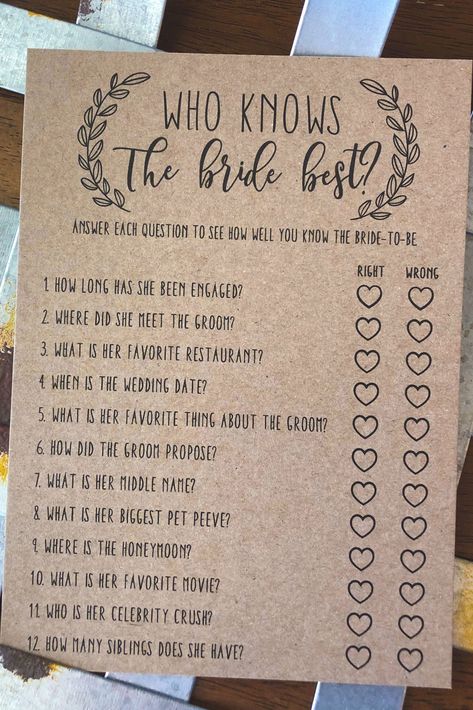 Bride Shower Activities, Bridal Shower Who Knows The Bride Best, Who Knows The Bride The Best Game, Bridal Shower Games Who Knows Bride Best, Who Knows The Bride Best Questions, Brider Shower Ideas, Who Knows The Bride Best Game, Earthy Bridal Shower Ideas, Who Knows Bride Best