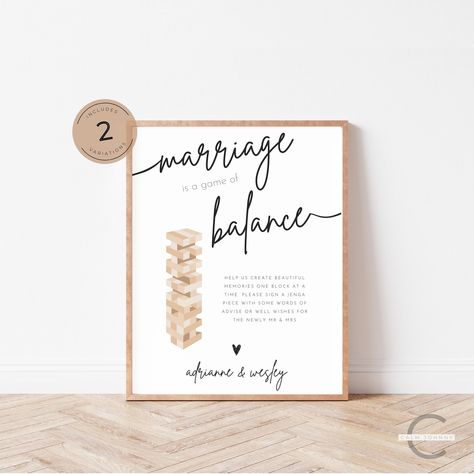 Marriage Is A Game Of Balance Sign Template, Editable Jenga Guestbook Sign, Jenga Game Sign, Wedding Reception Games Signage, 2 Set Bundle by CalmJohnny on Etsy Wedding Games Ideas, Jenga Game, Reception Games, Wedding Reception Games, Hashtag Sign, Words Of Advice, Games Ideas, Word Of Advice, 2025 Wedding