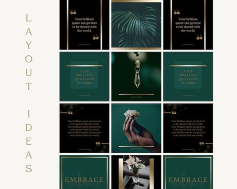 From simple to creative website design Emerald Instagram Feed, Green Black Gold Color Pallet, Emerald Green Instagram Feed, Green And Gold Instagram Feed, Green And Gold Website Design, Luxury Post Design, Gold And Black Branding, Dark Green Website, Luxury Green Color Palette