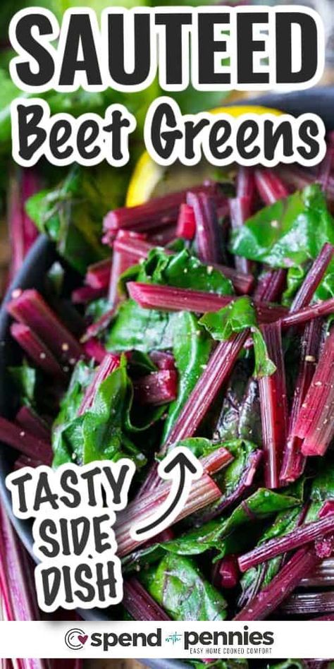 Looking for more ways to enjoy beet greens? Beet greens can generally be enjoyed in place of any greens in a recipe... here are a few favorites! Make a beet green pesto perfect for topping pasta or veggies! Make pasta with sausage and add beet greens for a recipe that the whole family will devour! Or make simple seasoned sauteed beet greens as a side dish.#beetgreens #sauteedbeetgreens #beetgreensrecipe #spendwithpennies Beet Green Pesto, Beet Stems, Beet Leaf Recipes, Beet Greens Recipe, Tasty Oven, Beet Green Recipes, Side Veggies, Sauteed Beet Greens, Roasting Beets In Oven