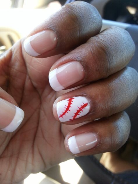 My baseball nails! Orange Baseball Nails, Short Baseball Nails, Baseball Pedicure Ideas, Baseball Inspired Nails, Simple Baseball Nails, Baseball French Tip Nails, Phillies Nail Design, Baseball Gel Nails Ideas, Baseball Toe Nail Designs