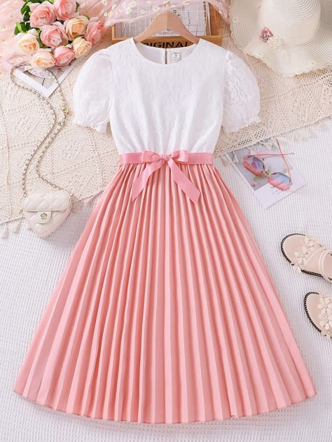 Pink Casual Collar Short Sleeve Polyester Colorblock A Line Embellished Non-Stretch  Teen Girls Clothing Aliexpress Dresses, Stylish Short Dresses, Teen Girl Dresses, Cute Dress Outfits, Short Puff Sleeve, Rose Bonbon, Trendy Fashion Tops, Quick Outfits, Easy Trendy Outfits