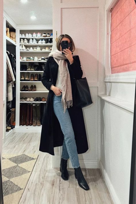 lillydemello on LTK Black Wrap Coat Outfit, Black Leather Booties Outfit, Wrap Coat Outfit, Leather Booties Outfit, Black Wrap Coat, Jeans Booties Outfit, Booties Outfit, Chic Winter Outfits, Winter Chic