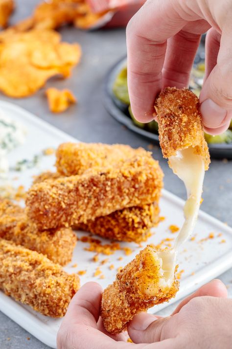 Nashville Hot Mozzarella Sticks with Hatch Chile Blue Cheese Dip recipe on the blog!  Homemade mozzarella sticks breaded with Nashville Style Kettle Cooked Hot Chicken Potato Chips. Roasted hatch chile blue cheese dip.  #sponsored with @Kroger Co. Homemade Cheese Sticks, Blue Cheese Dip Recipe, Homemade Mozzarella Sticks, Homemade Mozzarella, Cheese Dip Recipe, Bar Snacks, Mozzarella Cheese Sticks, Broccoli Cheese Casserole, Blue Cheese Dip