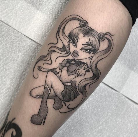 Brats Tattoo, Bratz Tattoo, Bratz Party, Cute Halloween Tattoos, Medium Tattoos, Cute Thigh Tattoos, Doll Tattoo, Brat Doll