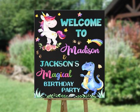 Unicorn and Dinosaur birthday poster, Dinosaur unicorn welcome sign, Magical dino birthday banner, Dark theme Boy and girl joint party decoration. Same theme items for your party: https://www.etsy.com/shop/paperpartydigital?&search_query=dinosaur https://www.etsy.com/shop/paperpartydigital?&search_query=unicorn This item is personalized digital file(s). You can share it with your friends electronically by texting it or via messengers like Whatsapp, iMessage, Facebook, Viber, etc. or email it. Unicorn Welcome Sign, Frozen Party Invitations, Emoji Invitations, Dinosaur Sign, Unicorn Sign, Kitten Birthday Party, Printer Setup, Frozen Party Decorations, Frozen Invitations