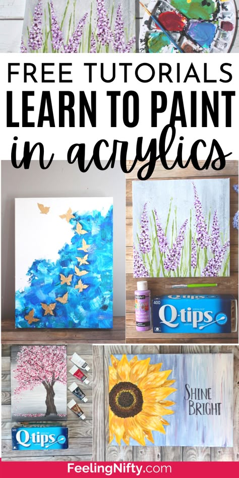 Learn to paint with acrylics for beginners. Free "how to" online step by step tutorials and learn to paint with acrylics videos. Learn to paint flowers like lavender, sunflowers, hydrangeas, abstract butterflies, etc. Learn to paint with acrylics videos. #learntopaint #acrylicpainting #acrylicpaint #easypaintingideas #acrylics #paintings #art #artlessons #stepbystep Inspiring Acrylic Painting Ideas, Painting With Acrylics Tutorials, How To Paint For Beginners Step By Step, Learn How To Paint Step By Step, Acrylic Painting How To Step By Step, Inspiring Painting Ideas, Painting With Acrylics On Canvas, Acrylic Paint Tutorial Step By Step, Learn To Paint With Acrylics On Canvas