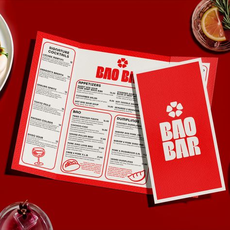 bao restaurant menu design, typography, brand identity, branding, print design, editorial, vivid, red, bold, illustration, dumplings Filipino Menu Design, Ramen Menu Design, Asian Restaurant Branding, Bao Bar, Bao Restaurant, Bar Menu Design, Chinese Restaurant Design, Bold Illustration, Art Tutor