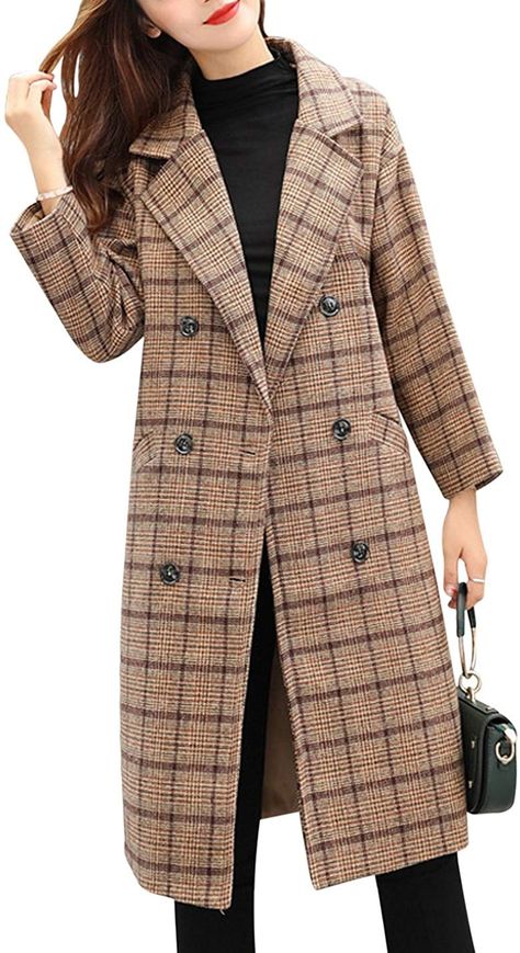 Tanming Double-Breasted Plaid Wool-Blend Coat Knee Length Coat, Pea Coats Women, Red Trench Coat, Wool Trench Coat, Wool Peacoat, Trench Coat Black, Fall Coat, Outfit Women, Wool Blend Coat