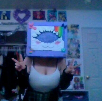 my box tv head ^-^ Tv Box Head Cosplay, Box Head Tutorial, Tv Head Cardboard, How To Make A Tv Head Out Of Cardboard, Cardboard Tv Head, Weirdcore Masks, Weirdcore Mask, Tv Head Cosplay, Cardboard Tv