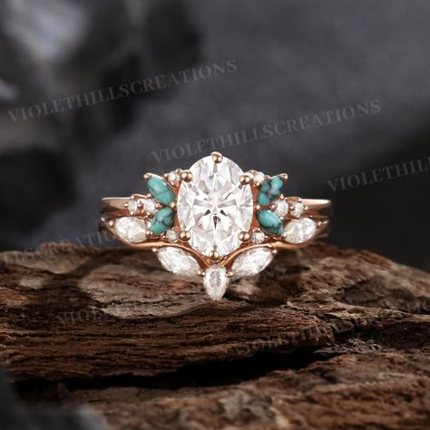 Oval Cut Moissanite Engagement Ring Set Cluster Marquise Cut Turquoise Ring Rose Gold Unique Moissanite Wedding Ring Set Promise Rings ⨞Handmade item                                                                                                       ⨞Materials: 14k, 18k Gold, Rose gold, White gold Ring size can be choose from the selection box. ⨞Engagement ring -Center Stone - Moissanite  Shape -Oval Cut  Size -6*8mm -Side Stones - Moissanite & Turquoise  Shape -Round & Marquise Cut  Weight - Turquoise Promise Rings, Country Engagement Rings, Western Wedding Rings, Turquoise Ring Engagement, Oval Cut Moissanite Engagement Ring, Moissanite Wedding Ring Set, Moissanite Engagement Ring Set, Ring Rosegold, Cute Engagement Rings