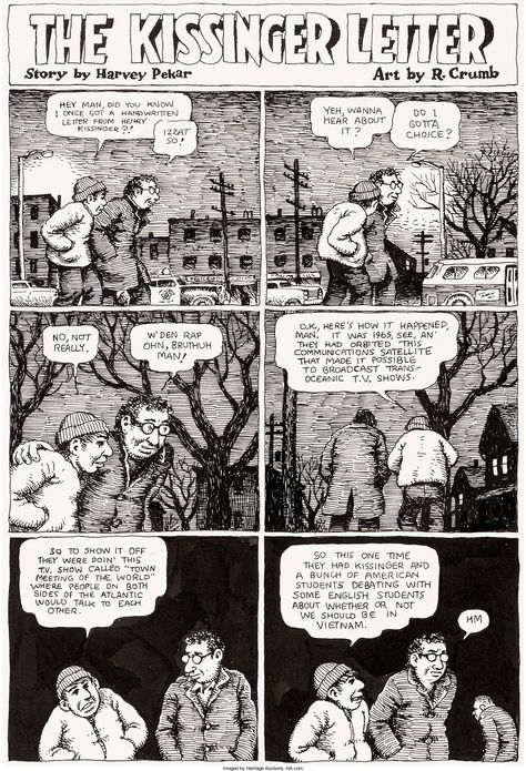 Robert Crumb American Splendor #4 Complete 3-Page Story Original Art (Harvey Pekar, 1979). Astonishingly detailed pen-and-brush work from master cartoonist Crumb distinguishes this autobiographical story from Pekar: "The Kissinger Letter" tells of the time that Pekar fired off an angry note to Henry Kissinger (during the height of the Vietnam conflict) -- and was astonished to receive a diplomatic reply. Drawing With Brush Pens, Brush Pens Drawing, Harvey Pekar, Best Brush Pens, Robert Crumb Art, American Splendor, Mr Natural, Pens For Drawing, R Crumb