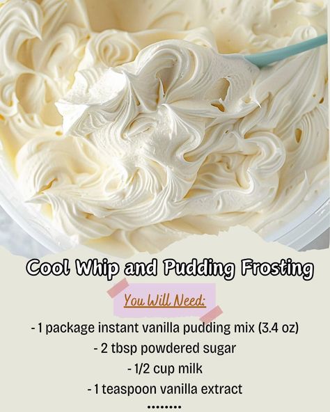 This easy cool whip frosting recipe is the perfect topping for cakes and cupcakes. In just 5 minutes with 5 simple ingredients, you’ll have a delicious, creamy homemade frosting.    Once you make this frosting with cool Cool Whip Pudding Frosting, Cool Whip Pudding, Cool Whip And Pudding, Pudding Icing, Whip Frosting, Pudding Frosting, Cool Whip Frosting, Whipped Icing, Frosting Recipes Easy