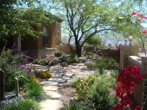 The presence of this tree - desert willow? - provides more light and shadow, more motion and scale than if it were missing! Arizona Backyard Landscaping, Texas Landscaping, Desert Backyard, Xeriscape Landscaping, Arizona Backyard, Flagstone Walkway, Courtyard Landscaping, Backyard Walkway, Walkway Landscaping