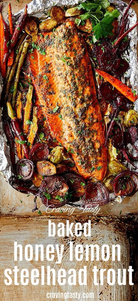 Baked Honey Lemon Steelhead Trout with roasted vegetables. The recipe is very simple and the dish is very healthy delicious. For best results marinate the fish for a few hours.| cravingtasty.com Steelhead Recipes, Steelhead Trout Recipe Baked, Trout Fillet Recipes, Baked Trout, Steelhead Trout, Trout Recipes, Best Seafood Recipes, Easy Fish Recipes, Healthy Fish