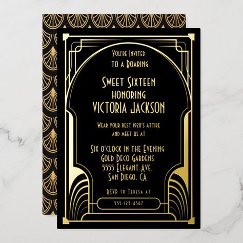 Art Deco Sweet Sixteen Birthday Party Gold & Black Foil Invitation Foil Invitations, Foil Cards, Gold Foil Invitations, Silver Foil Invitation Roaring 20s Birthday Party, Gold Black Wedding, Gold Foil Invitations, Roaring 20s Wedding, Art Deco Invitations, Deco Wedding Invitations, Nouveau Wedding, Art Deco Wedding Invitations, Speak Easy