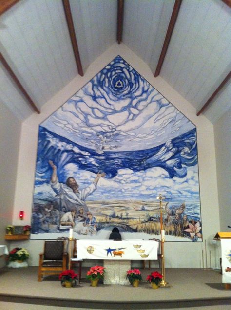 Mural in Regina church by Wilf Perreault.  Church is slated for demolition.... Wilf Perreault, Christian Mural, Church Mural, Bus Life, Mural Ideas, Artsy Fartsy, Set Design, Wall Murals, Wall Painting