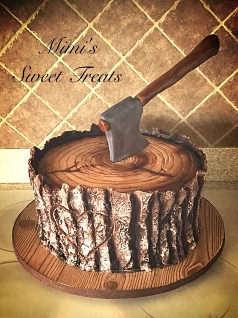 This is my first time uploading a photo to Cakes Decor!! I wanted to share the final results for a groom’s cake I was hired to make. They wanted a tree stump with an axe in the top. I watched Liz Marek’s Lumberjack Cake Tutorial for inspiration. I... Tree Stump Cake, Lumberjack Cake, Cakes Decor, Woodland Cake, Log Cake, Fathers Day Cake, Tree Cakes, Cakes For Men, Grooms Cake