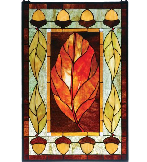 This stained-glass panel is inspired by the cozy colors and natural elements found at harvest time. Glass artisans use precision-cut pieces of honey-gold, autumn-green, and lush, brown-toned glass to fashion an eye-catching motif of fall-season russet leaves and ripened acorns. Mounting brackets and hanging chains are included. Size 21W x 31H Tiffany Vitray, L'art Du Vitrail, Window Stained, Painted Glass Art, Tiffany Stained Glass, Stained Glass Panel, Stained Glass Panels, Harvest Festival, Stained Glass Projects